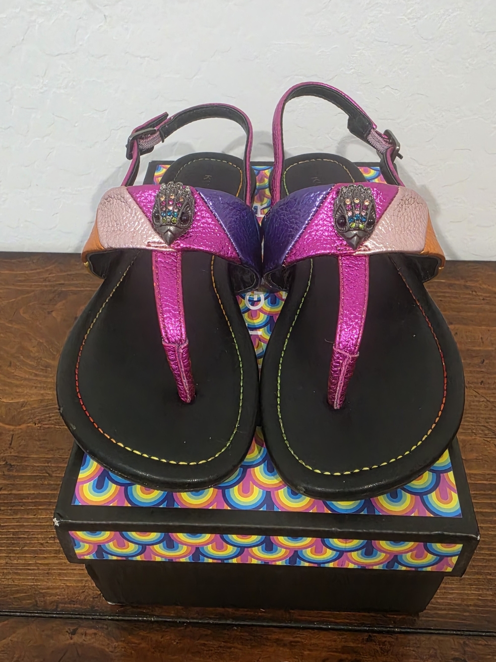 Kurt Geiger Girls Metallic Pink Purple T-Strap Sandals Size 1M